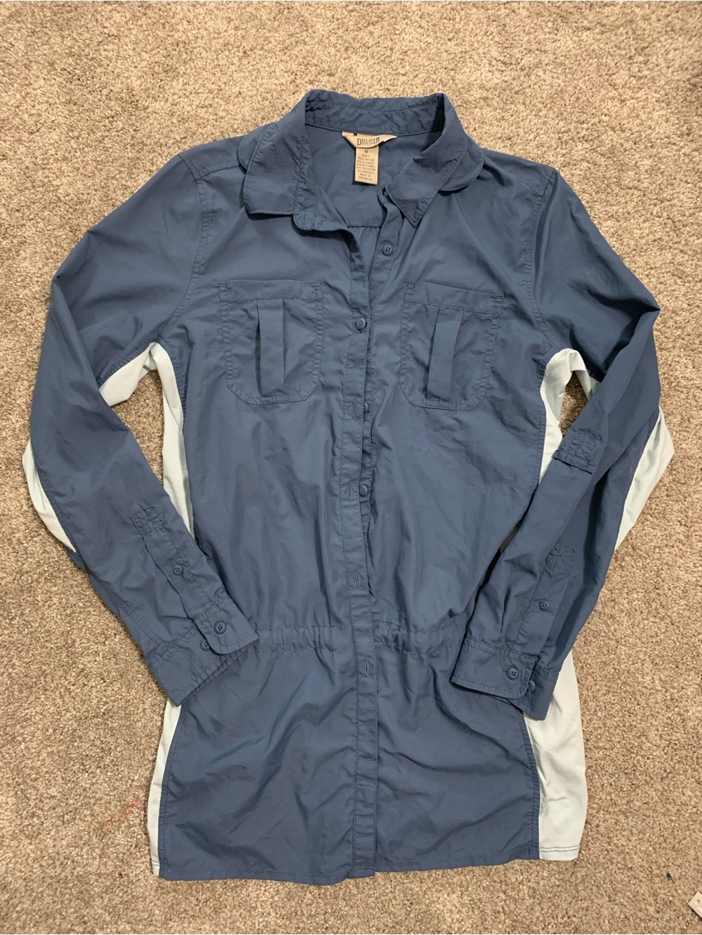 Duluth Women’s Long Sleeve Blue Nylon Button Up Utility Tunic Drawstring Medium